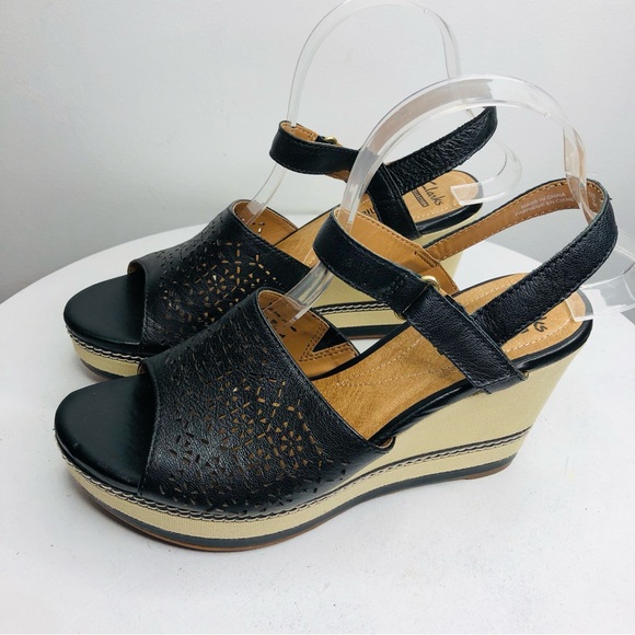 Clarks Collection Zia Graze Black Leather 4” platform wedge sandals SZ 9. RR1 - Picture 3 of 11